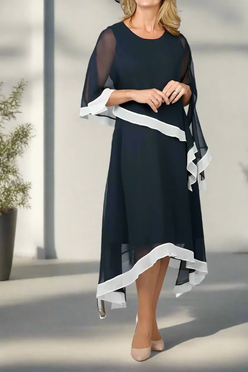 Asymmetrical Round Neck Half Sleeves Chiffon Mother of The Bride Dresses