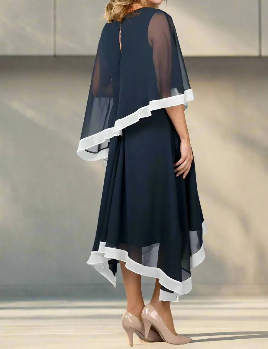 Asymmetrical Round Neck Half Sleeves Chiffon Mother of The Bride Dresses