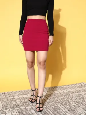 Berrylush Women Solid Red High-Rise Waist Crepe Slip-On Straight Hem Knitted Mini Skirt