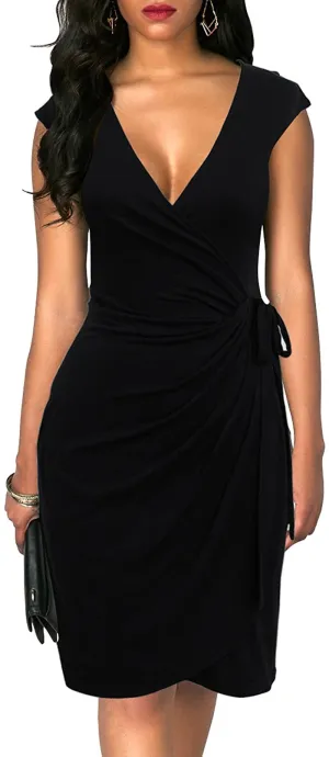 Berydress Women's Vintage V-Neck Sheath Casual Party Work Faux Black Wrap Dress