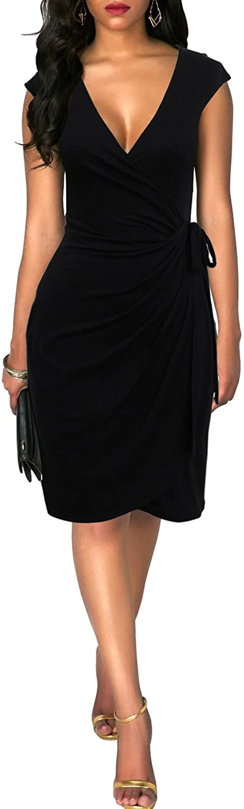 Berydress Women's Vintage V-Neck Sheath Casual Party Work Faux Black Wrap Dress