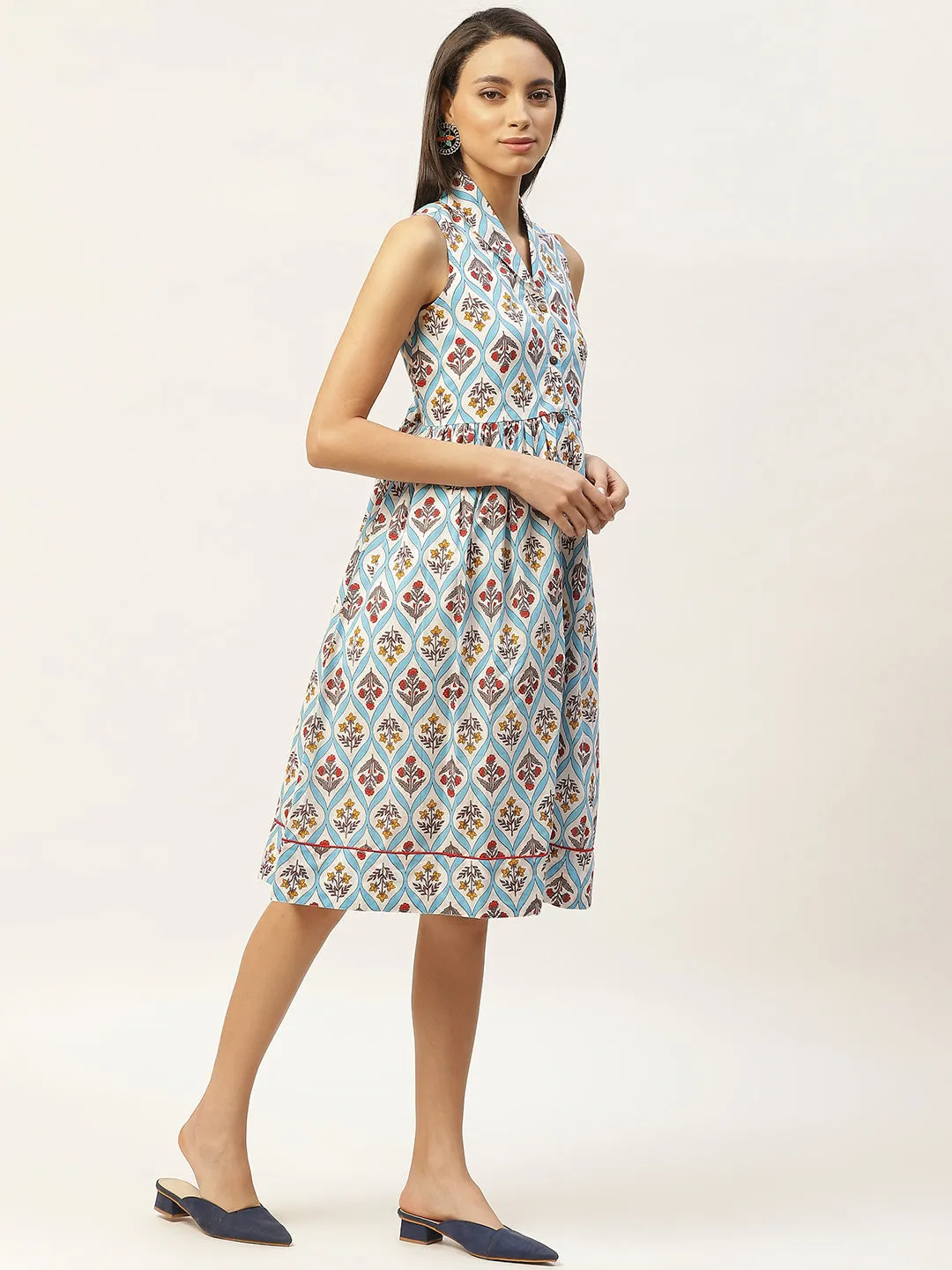 Blue Floral Shawl Collar Front Open Dress