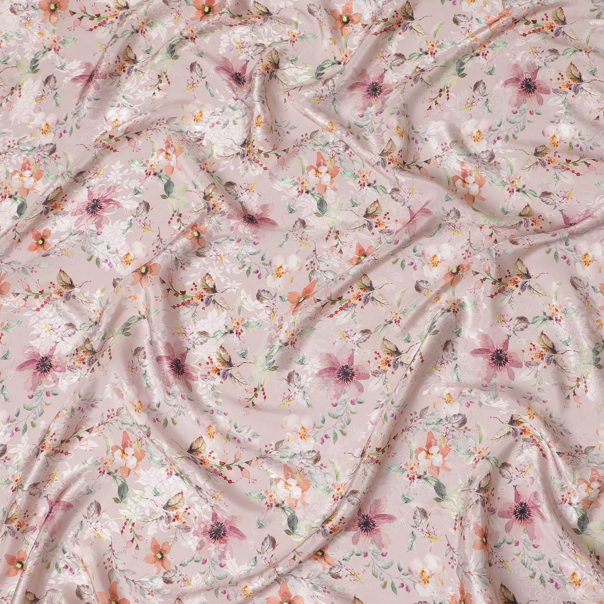 Blush Garden Synthetic Crepe Fabric, 110cm Width - Whimsical Floral Print from India-D17934