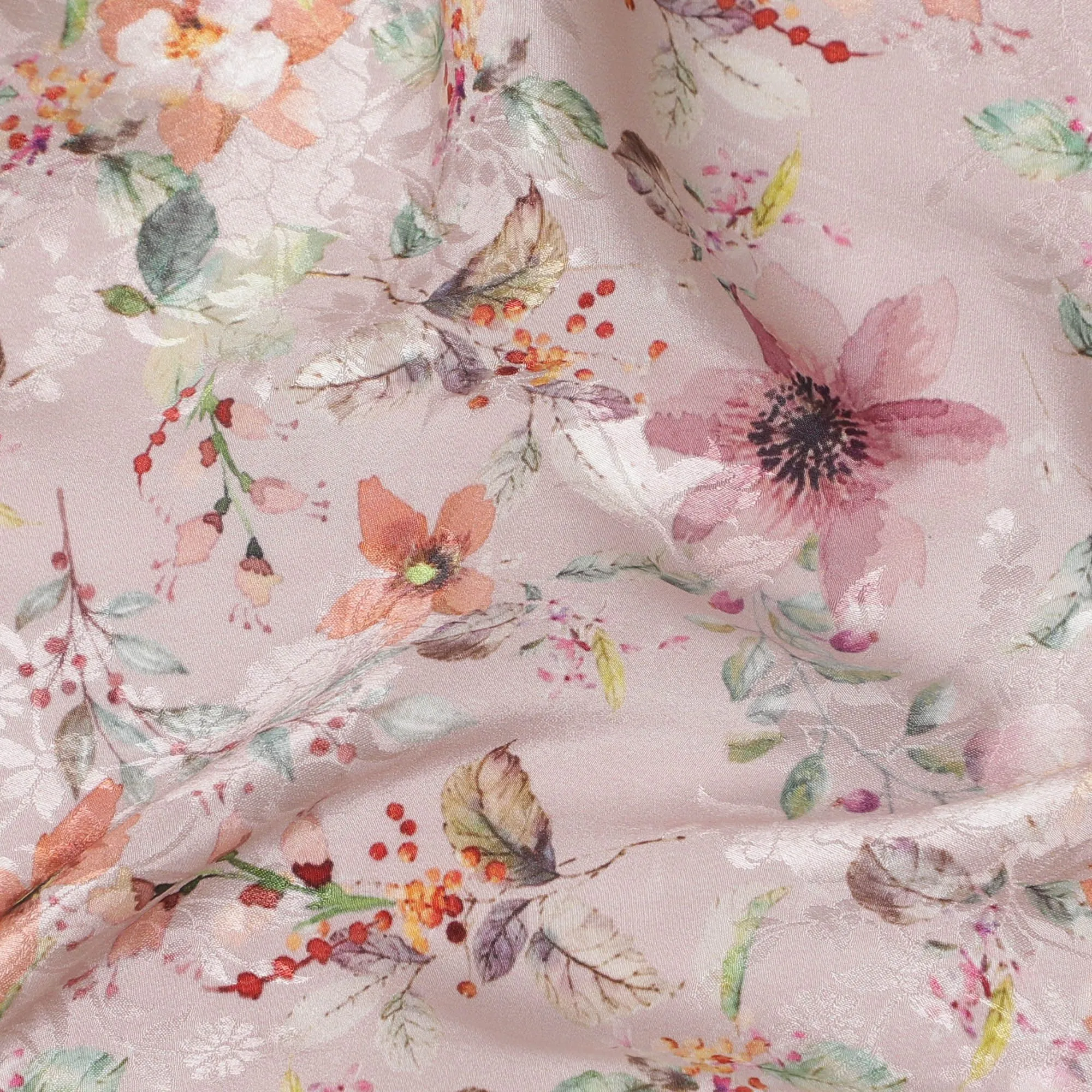 Blush Garden Synthetic Crepe Fabric, 110cm Width - Whimsical Floral Print from India-D17934