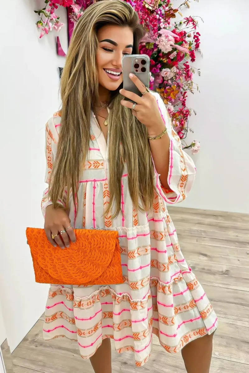 Boho Orange Aztec Ruffled Loose Dress