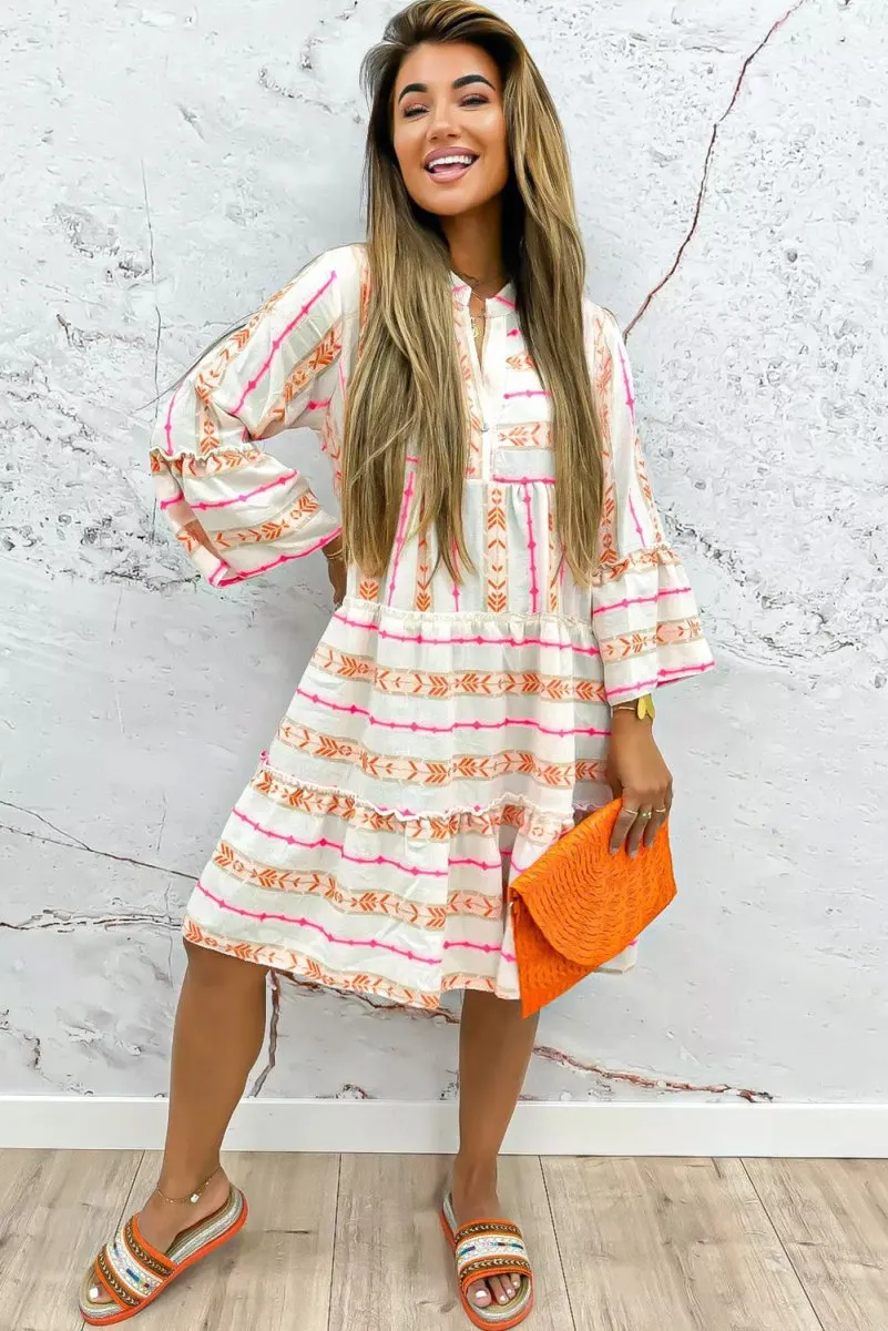 Boho Orange Aztec Ruffled Loose Dress