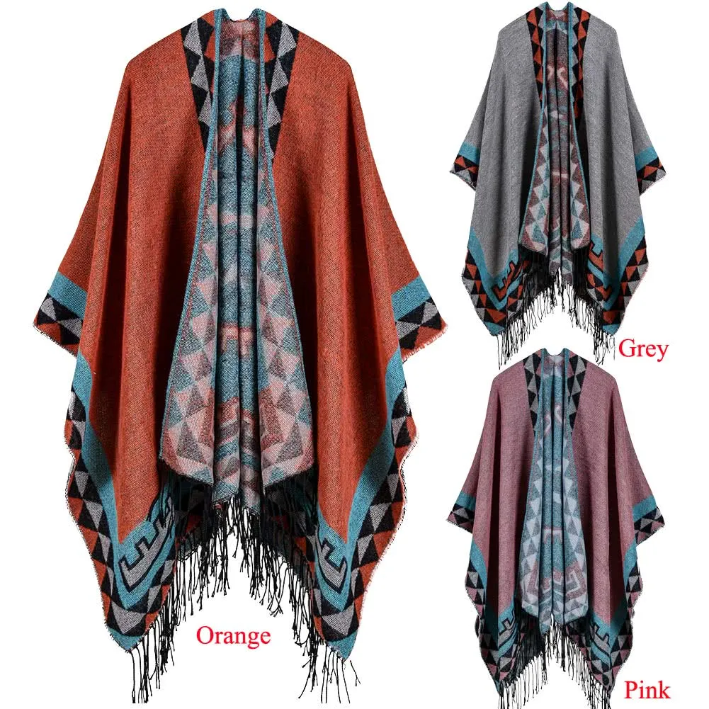 Boho Women Knitted Shawl Poncho Faux Cashmere Geometric Pattern Tassel Oversized Warm Long Cape