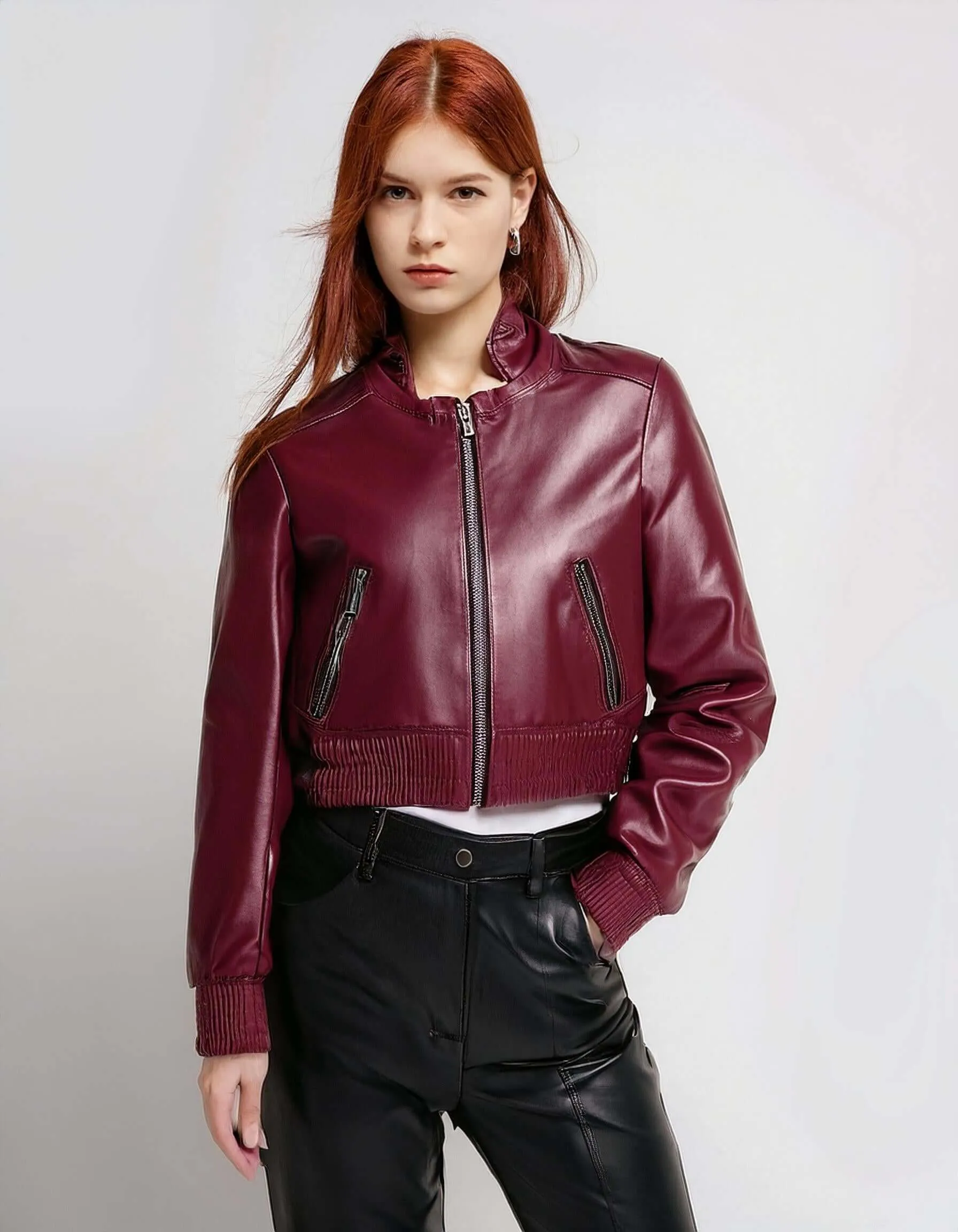 Burgundy Zip-Up Leather Jacket