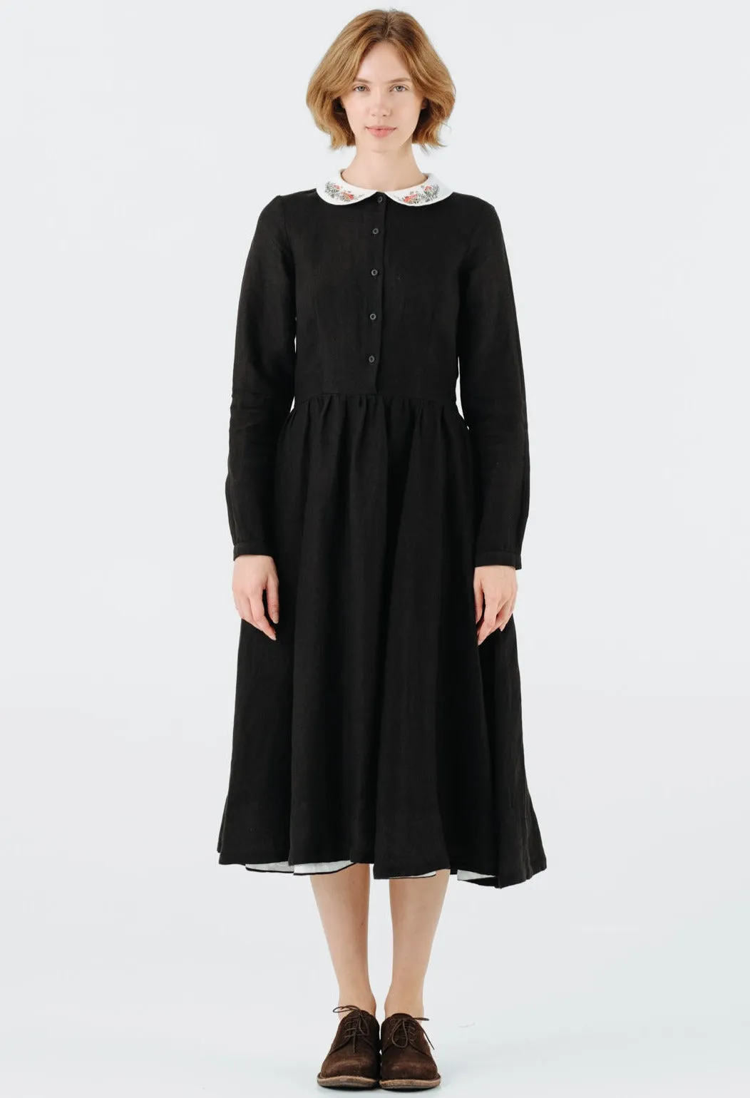 Classic Dress with Embroidered Wildwood Collar, Long Sleeve