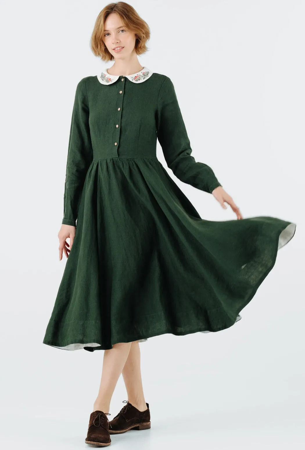 Classic Dress with Embroidered Wildwood Collar, Long Sleeve