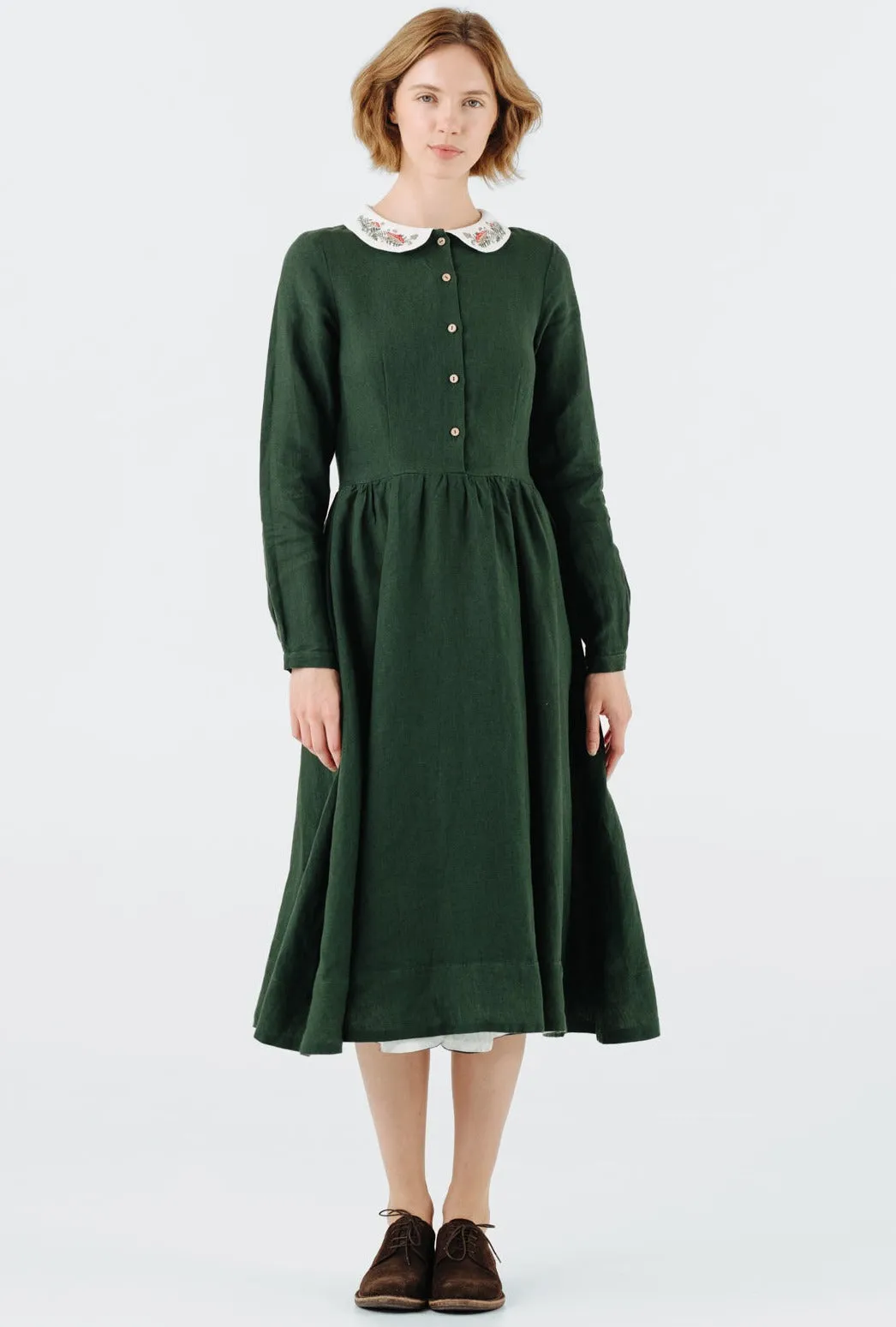 Classic Dress with Embroidered Wildwood Collar, Long Sleeve