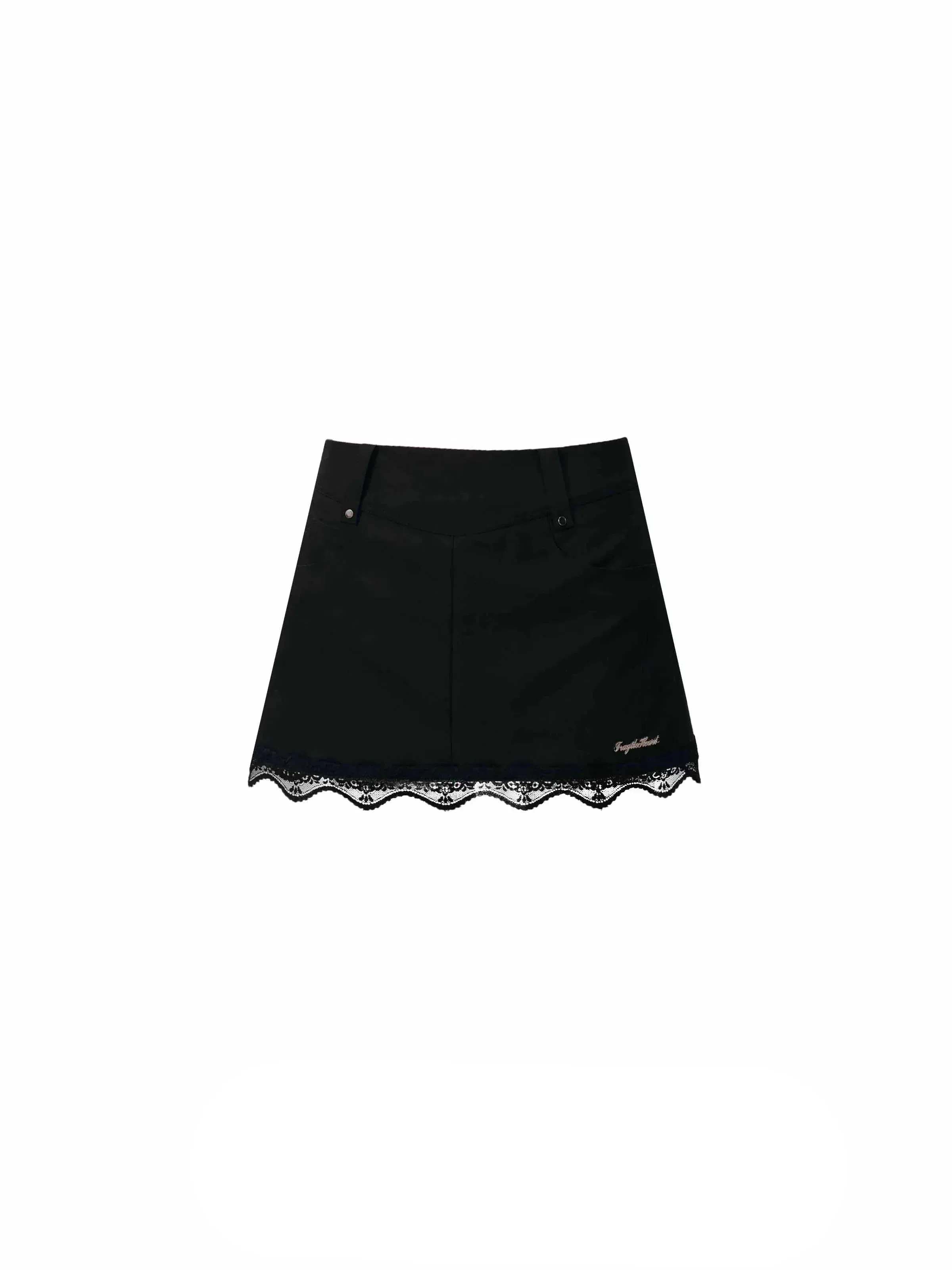 Classic Elegance Mini Skirt: Black Denim with Scalloped Lace Hem