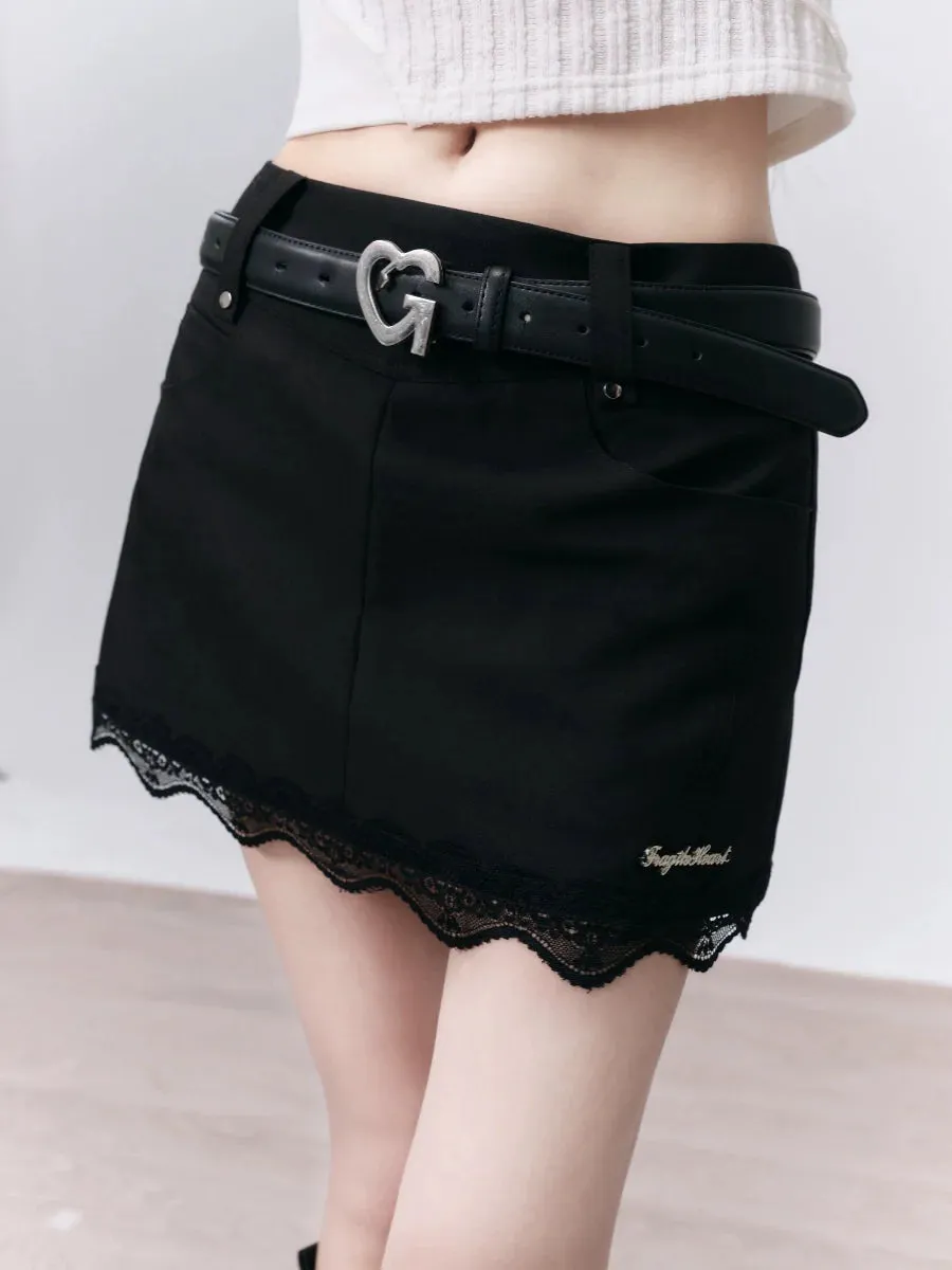 Classic Elegance Mini Skirt: Black Denim with Scalloped Lace Hem