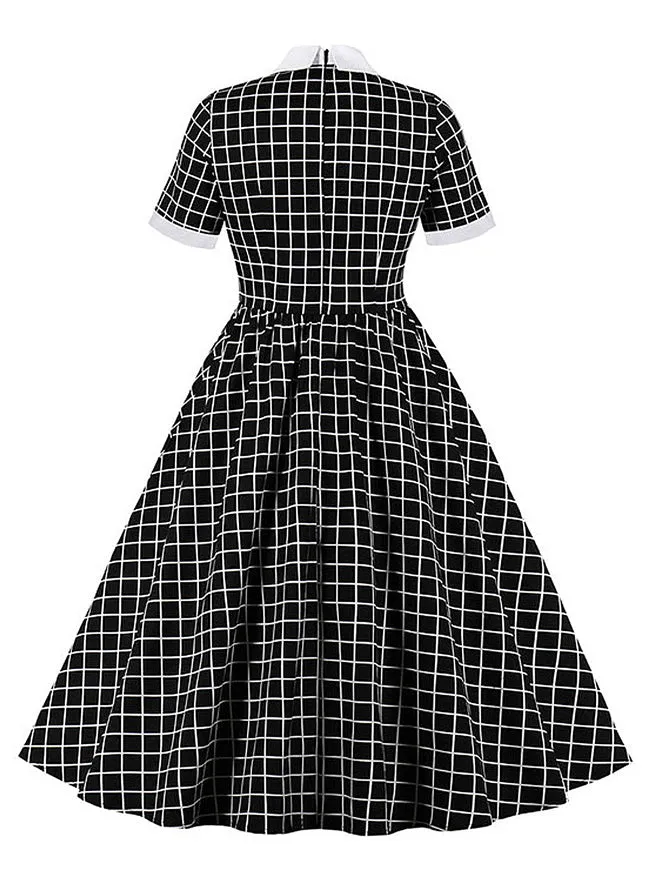 Classic Lapel Tie Short Sleeve Plaid Print A-line Swing Dress