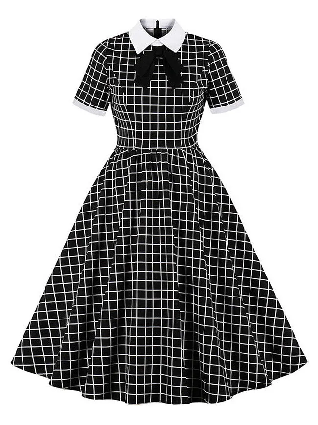 Classic Lapel Tie Short Sleeve Plaid Print A-line Swing Dress