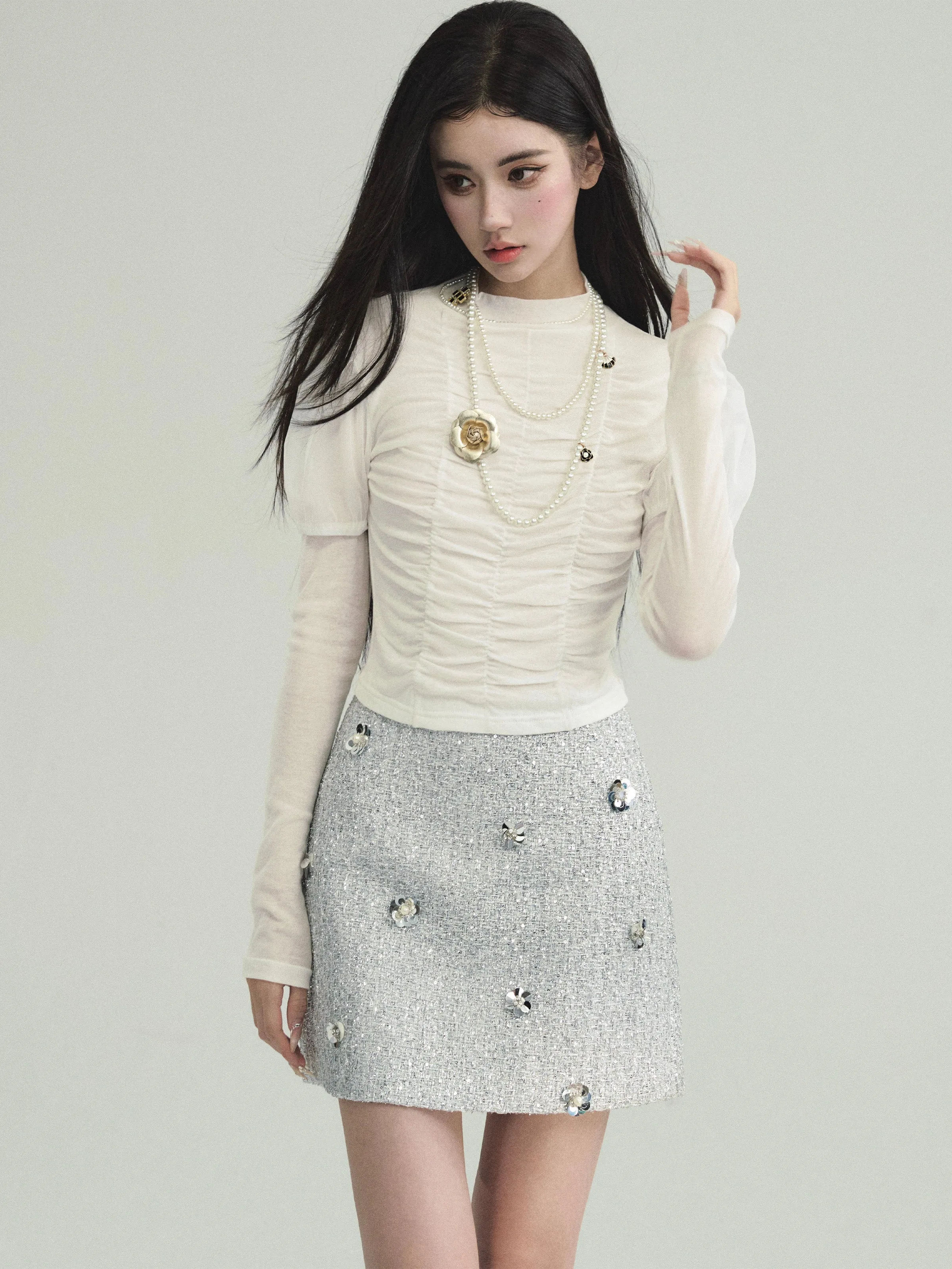 Crystal Flower Tweed Skirt