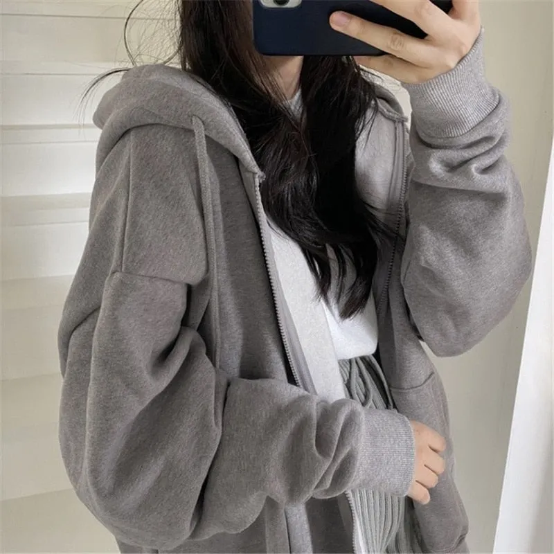 Fashionkova  Women Harajuku Zip-Up Sweatshirt Vintage Solid Long Sleeve Oversized Hooded Outwear Autumn Drawstring Pocket Casual Large Coats