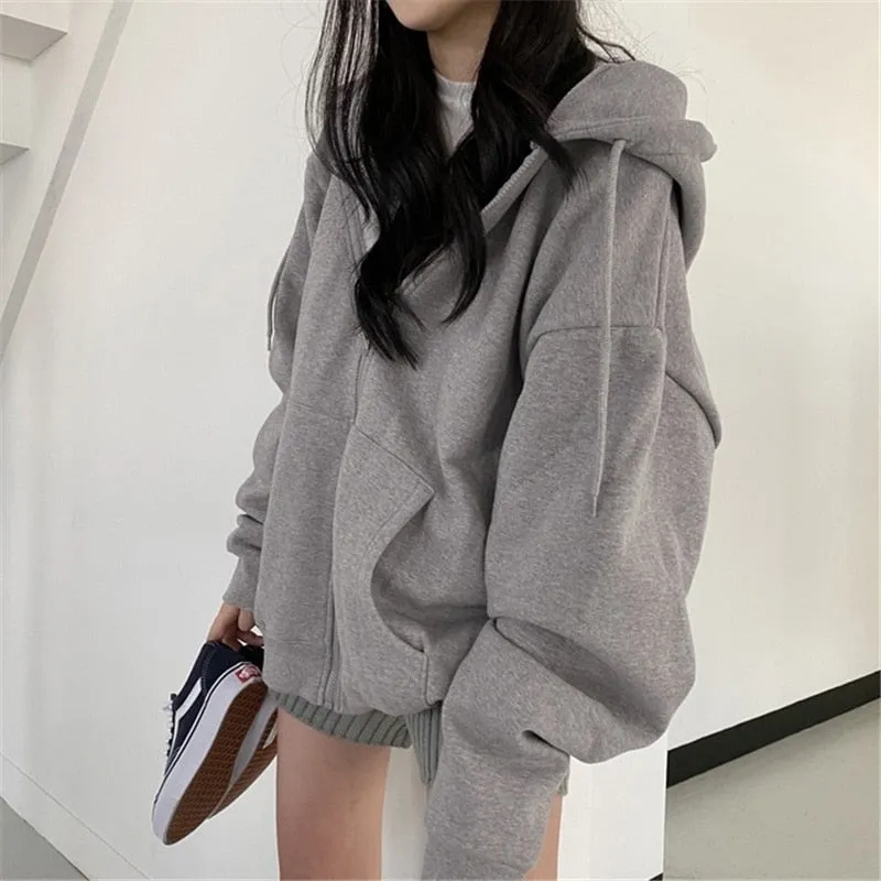 Fashionkova  Women Harajuku Zip-Up Sweatshirt Vintage Solid Long Sleeve Oversized Hooded Outwear Autumn Drawstring Pocket Casual Large Coats