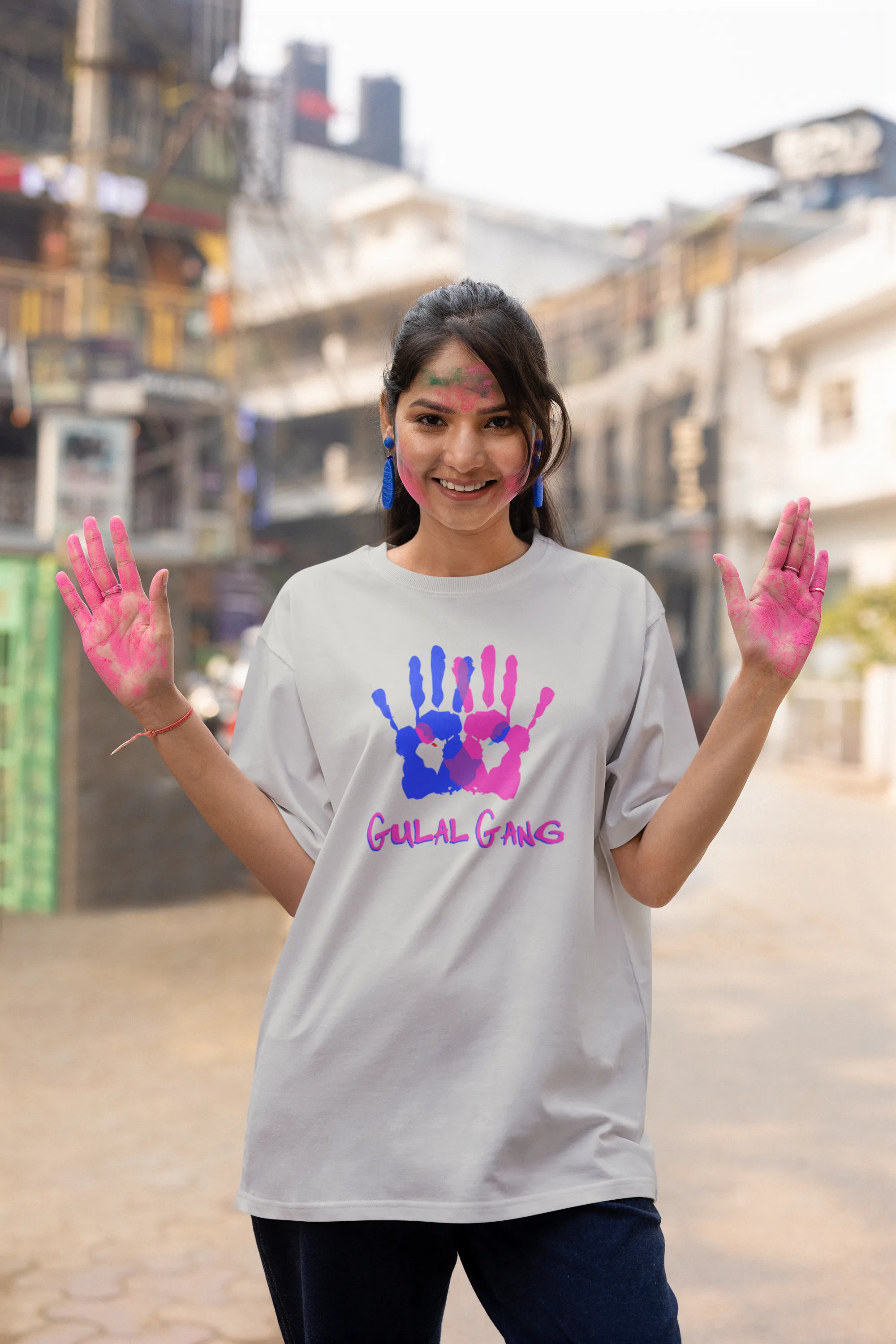 'Gulal Gang' Colorful Hands Design Women's oversized t-shirt