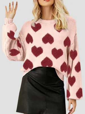 Heart Round Neck Dropped Shoulder Sweater