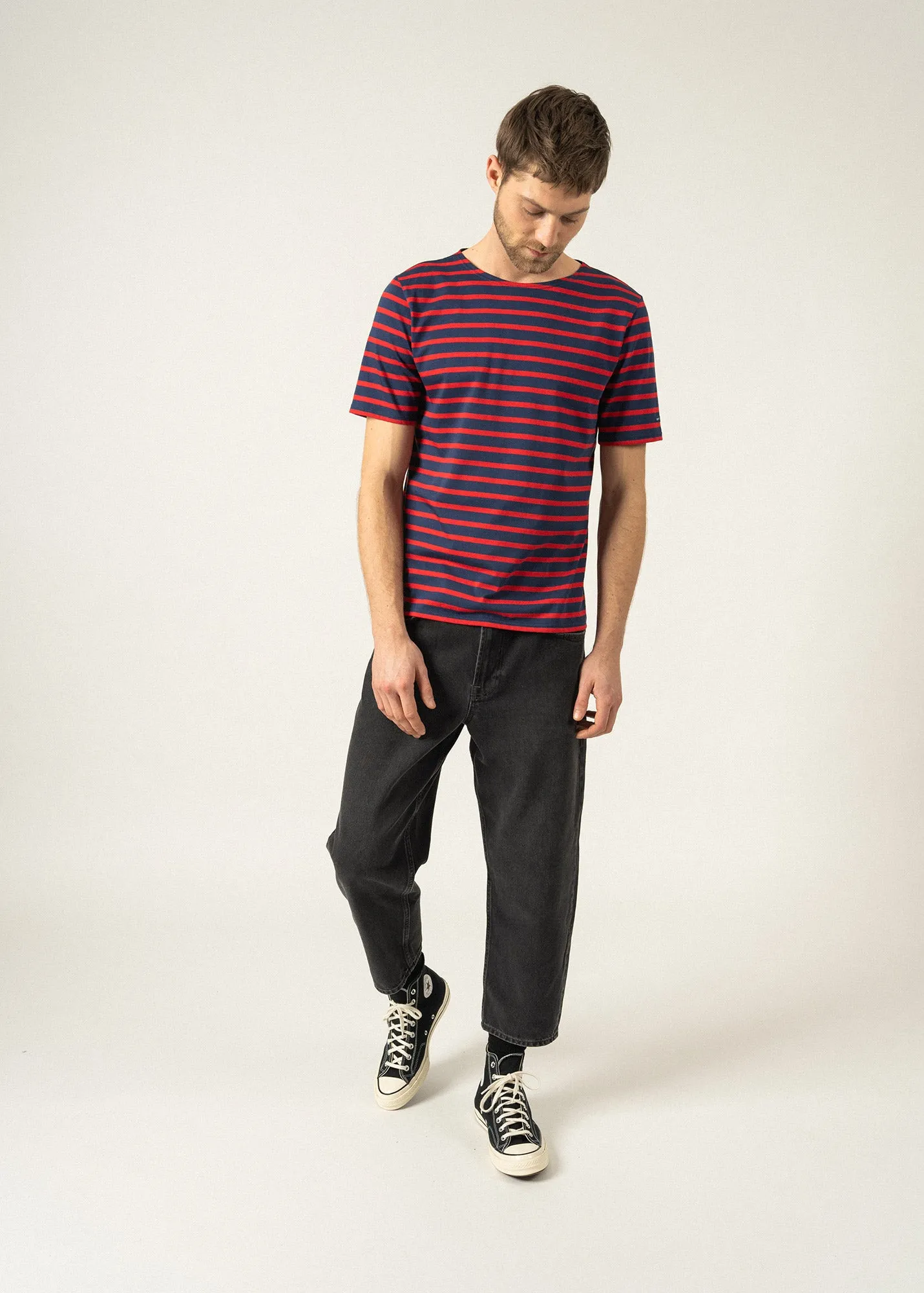 LEVANT MODERN - Breton Stripe Short Sleeve Shirt | Soft Cotton | Unisex Fit (NAVY / RED)