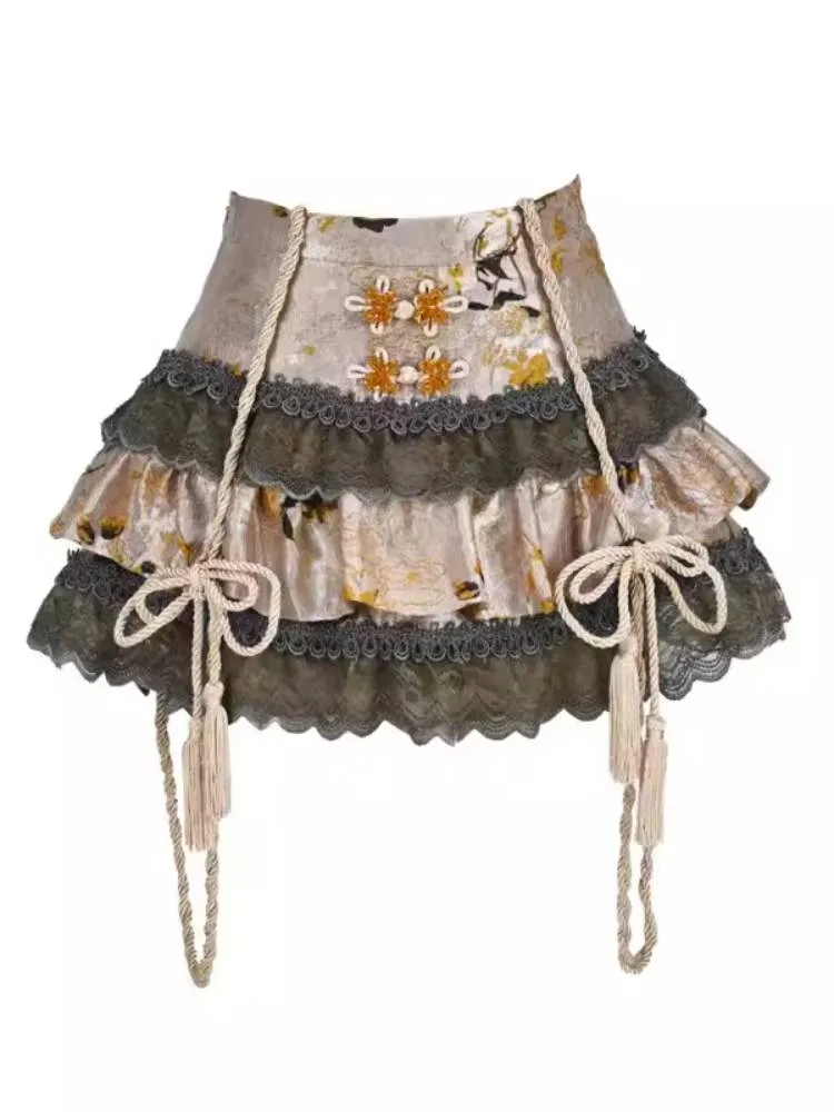 Lolita-style Floral Mini Skirt with Lace Trim and Rope Ties