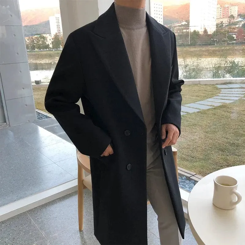 Luxury Mid-Length Woolen Overcoat for Men with Thickened Fabric, Long Sleeves, and Double-Breasted Design