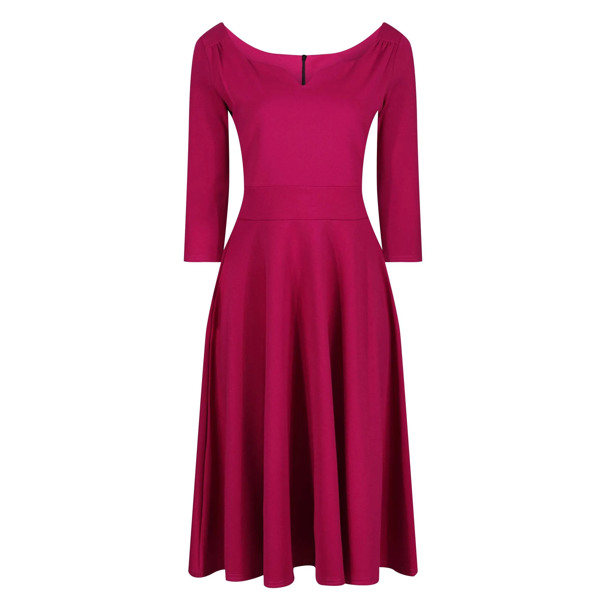 Magenta Diamond Neckline 3/4 Sleeve Vintage Swing Midi Dress