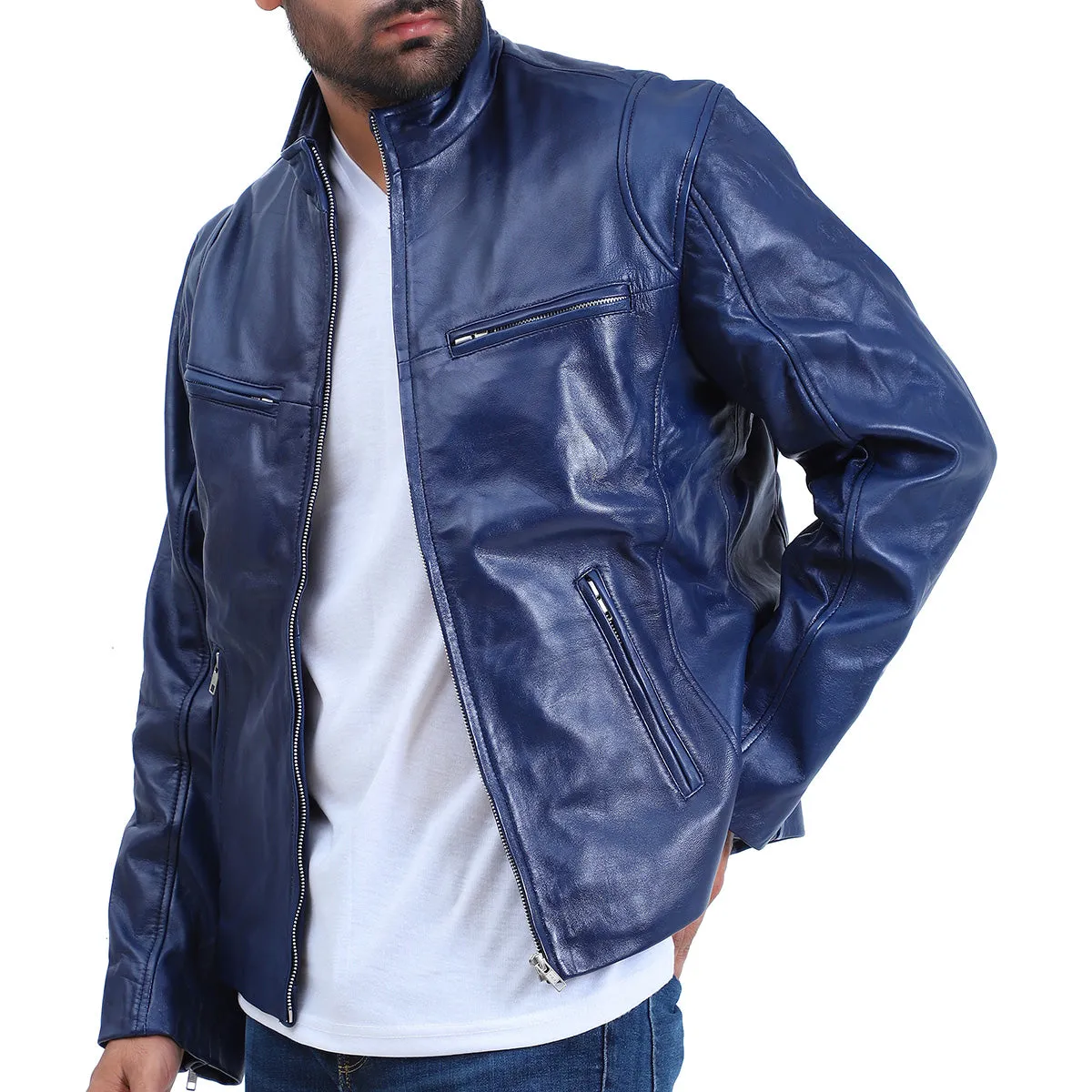 Mens Cafe Racer Blue Biker Jacket