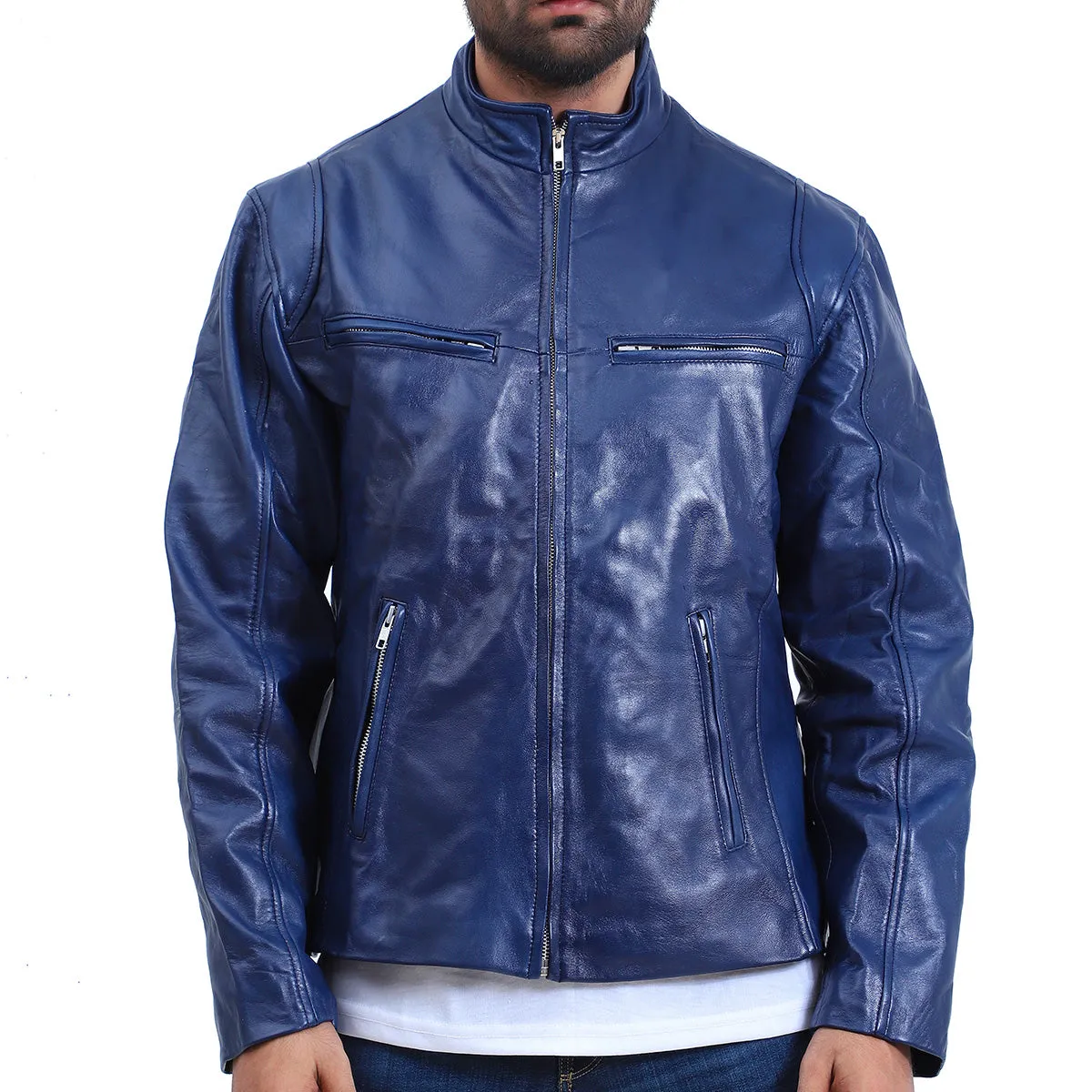 Mens Cafe Racer Blue Biker Jacket