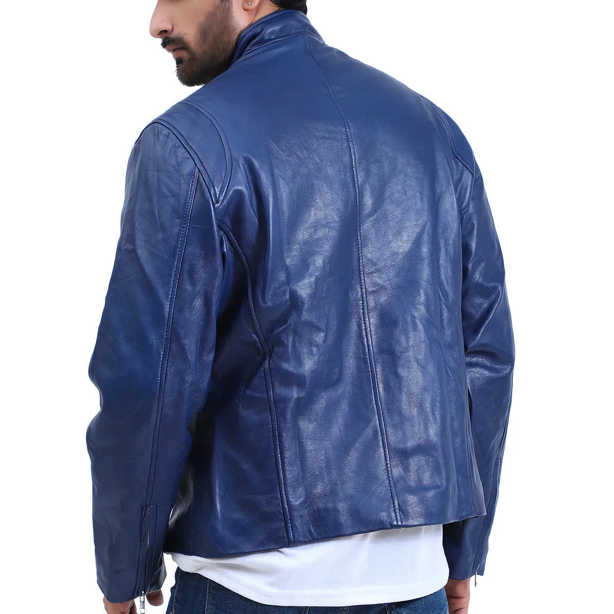 Mens Cafe Racer Blue Biker Jacket