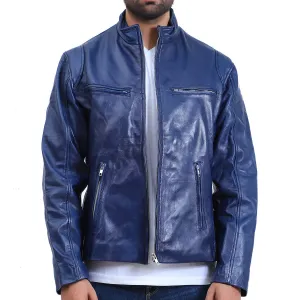 Mens Cafe Racer Blue Biker Jacket