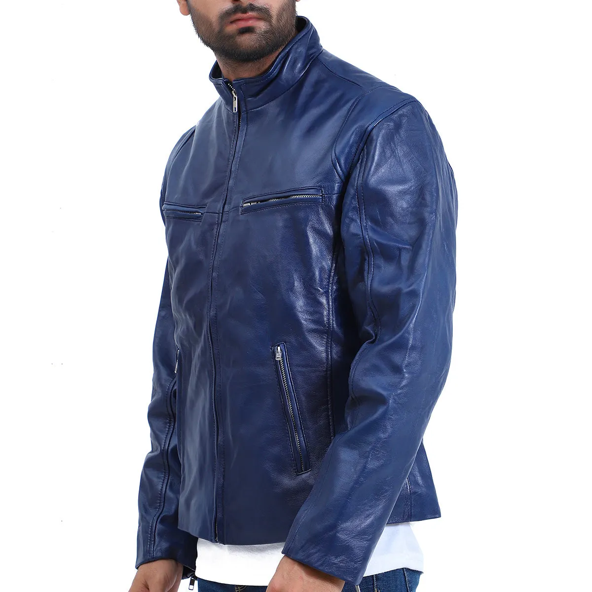 Mens Cafe Racer Blue Biker Jacket