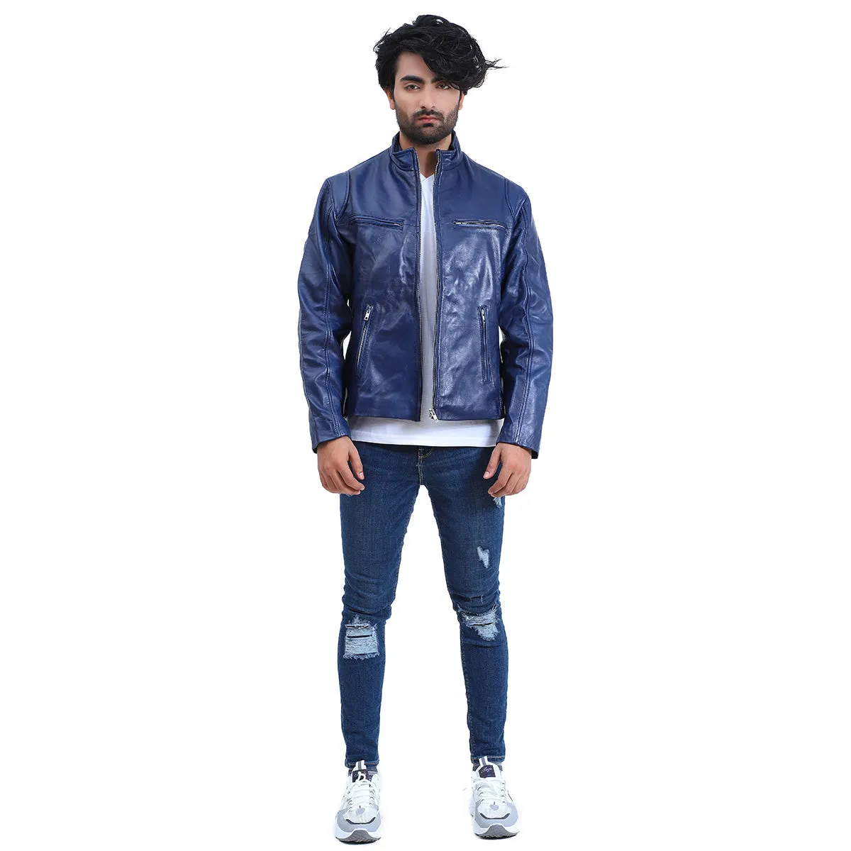 Mens Cafe Racer Blue Biker Jacket