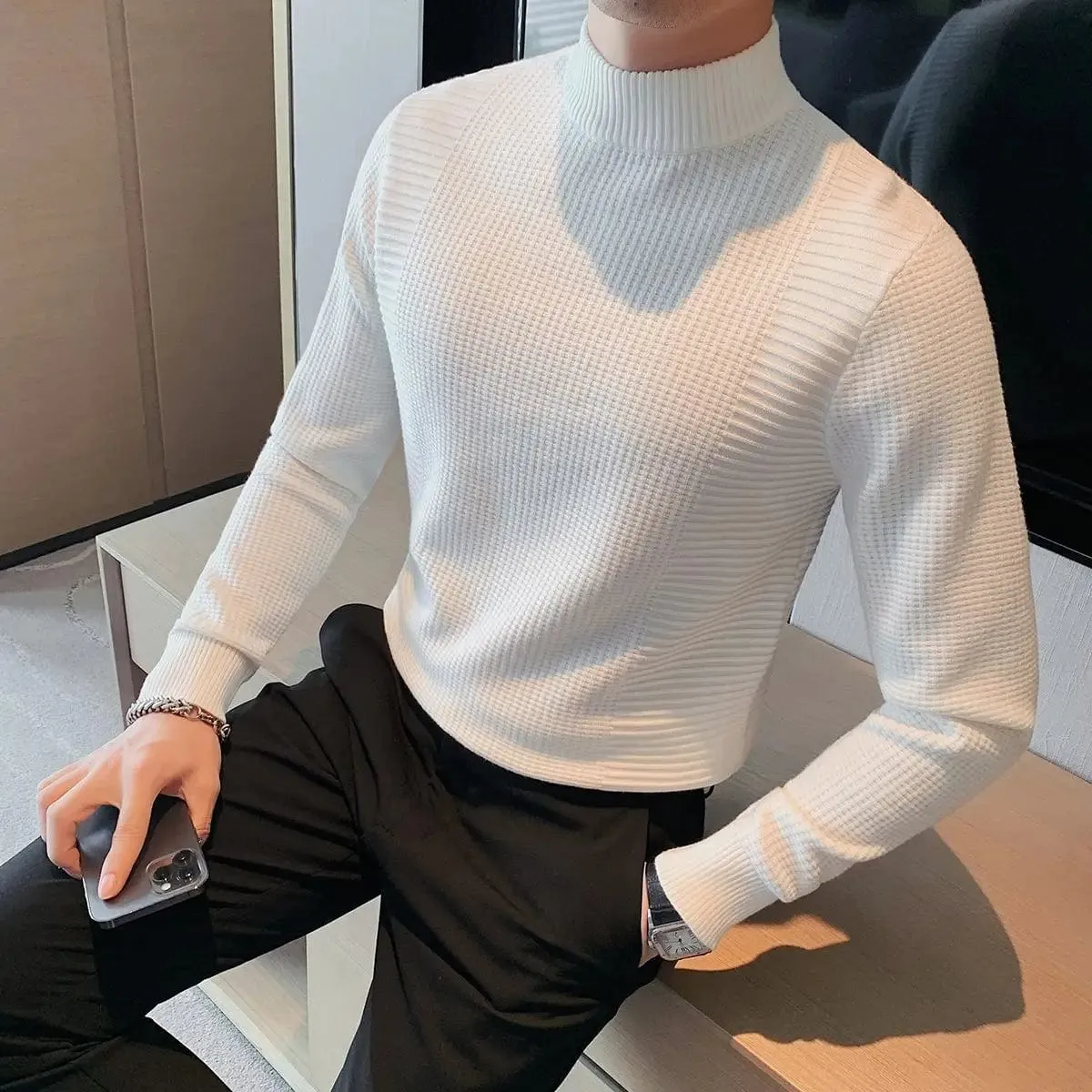 Men’s High-End Knitted Pullover Sweater – Half Turtleneck Woolen Winter Casual Jumper