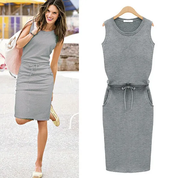 New arrival autumn fashion Europe brand design casual dress for women O-neck sleeveless cotton vest dresses