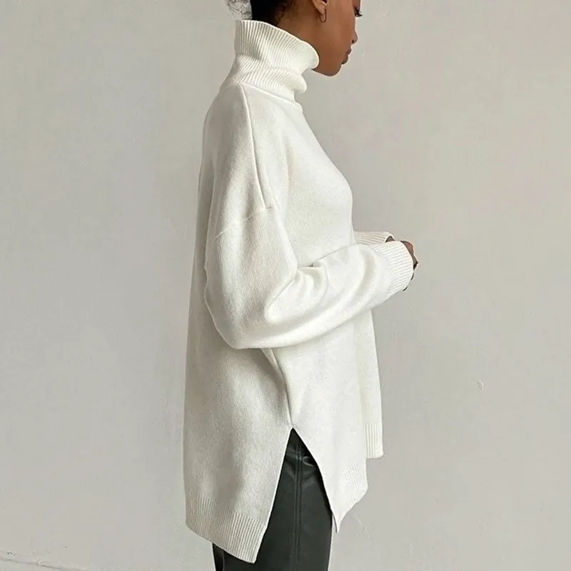 Oversized Turtleneck Long Sleeve Slit Trim Pullover Sweater - White