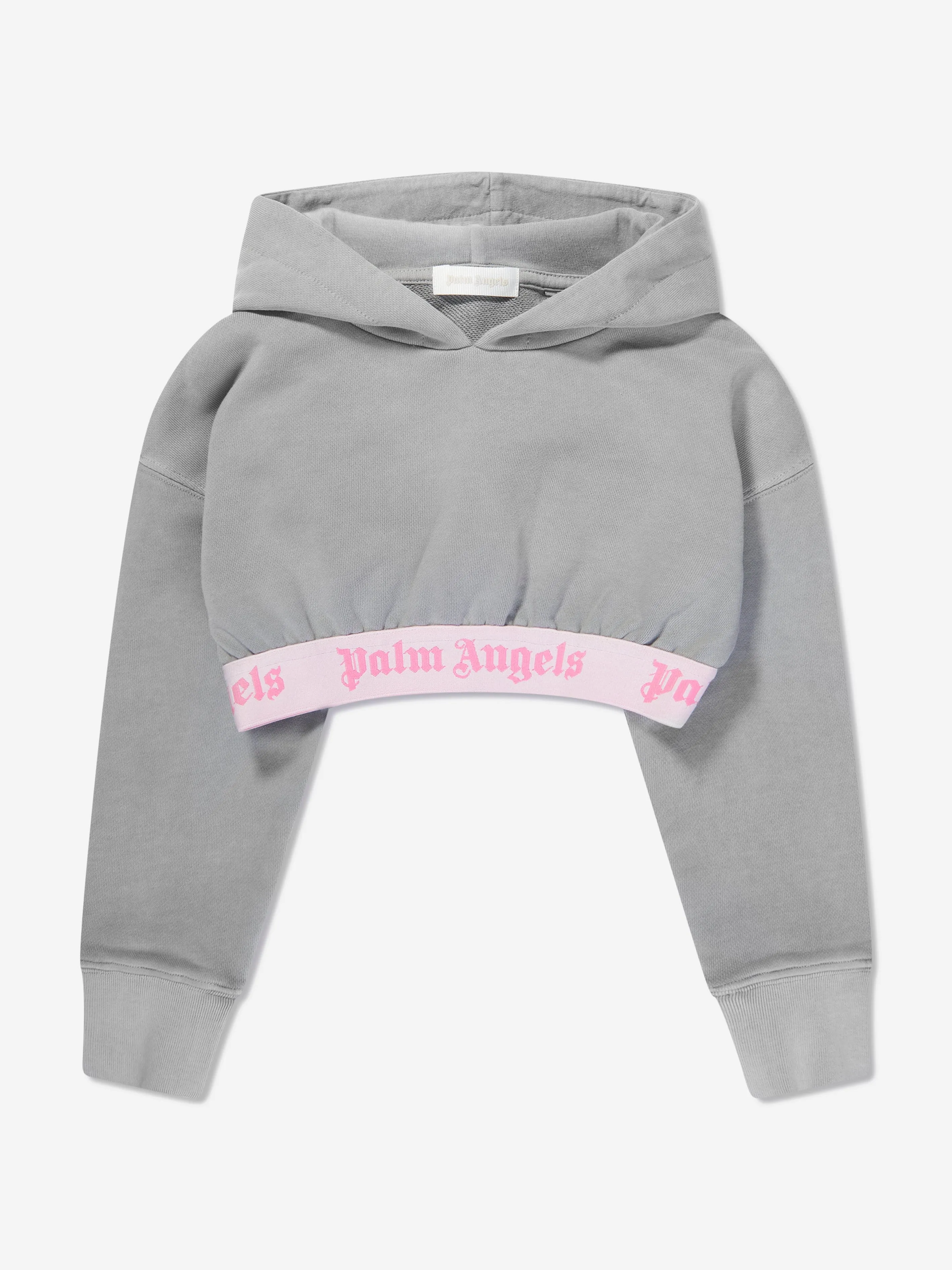 Palm Angels Girls Logo Band Cropped Hoodie in Grey