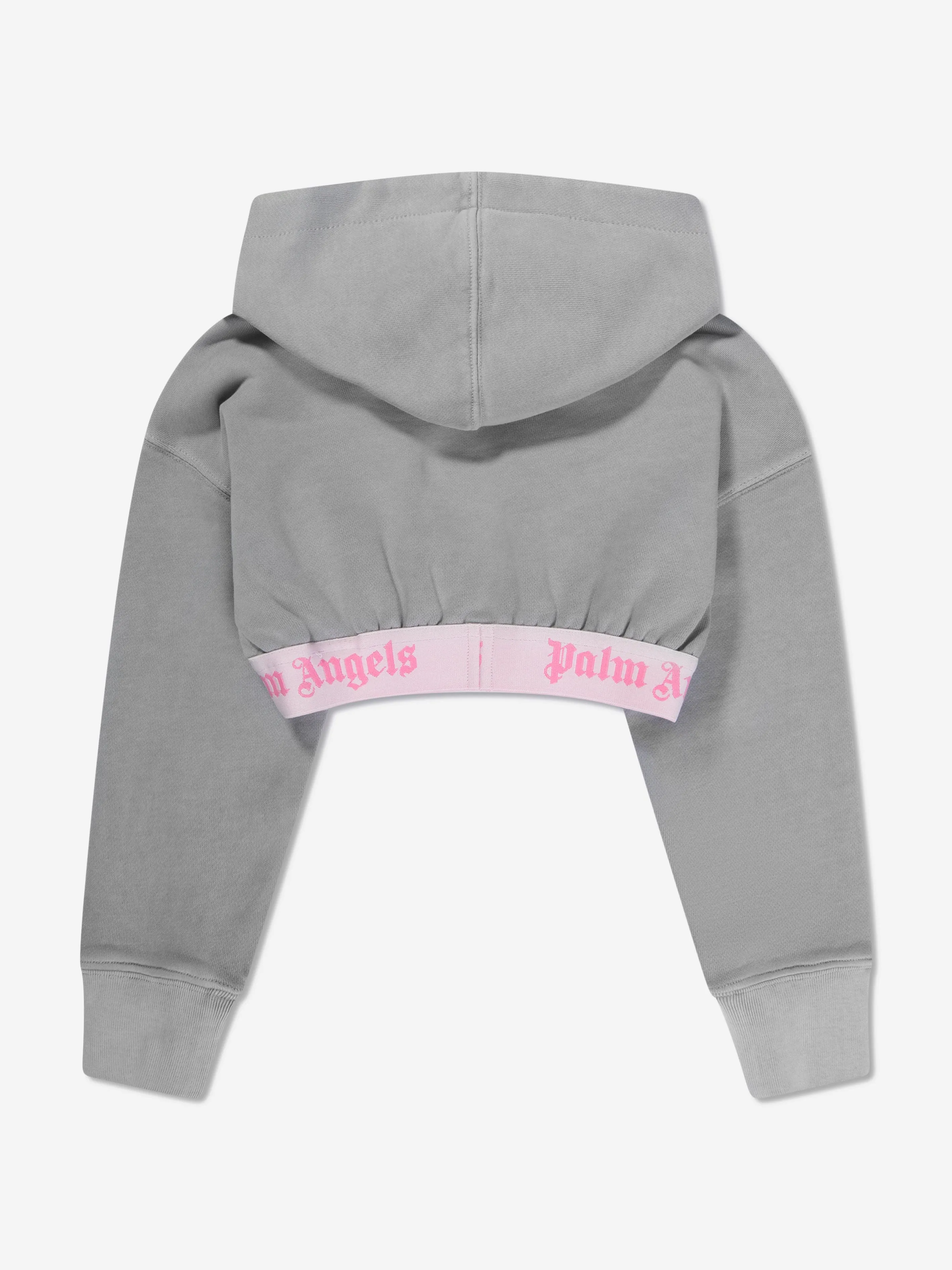 Palm Angels Girls Logo Band Cropped Hoodie in Grey