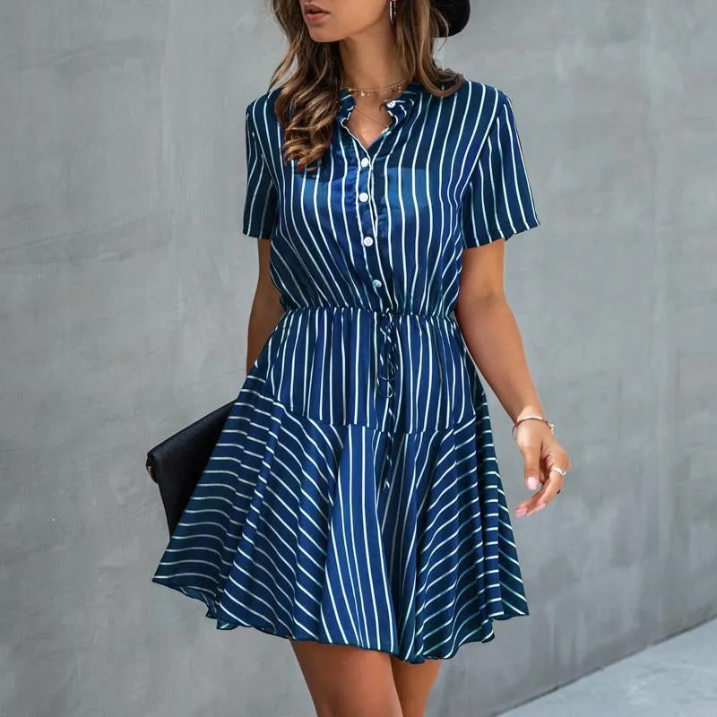 Plus Size Striped Casual Cotton Button High Waist A-Line Summer Dress