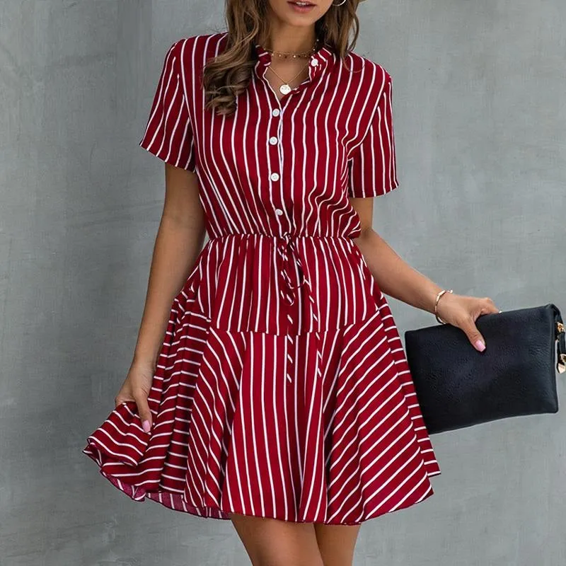 Plus Size Striped Casual Cotton Button High Waist A-Line Summer Dress