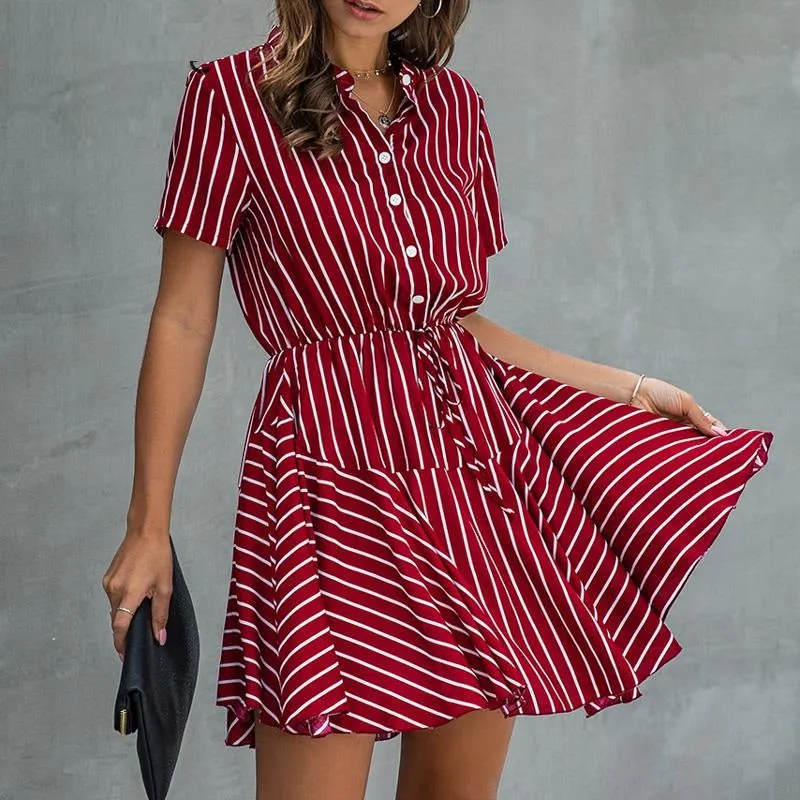 Plus Size Striped Casual Cotton Button High Waist A-Line Summer Dress