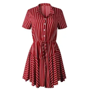 Plus Size Striped Casual Cotton Button High Waist A-Line Summer Dress