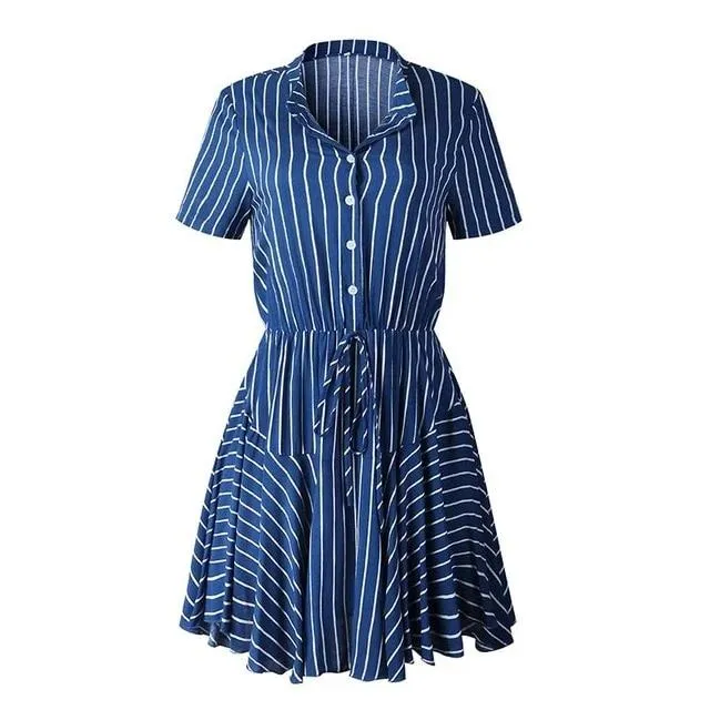 Plus Size Striped Casual Cotton Button High Waist A-Line Summer Dress