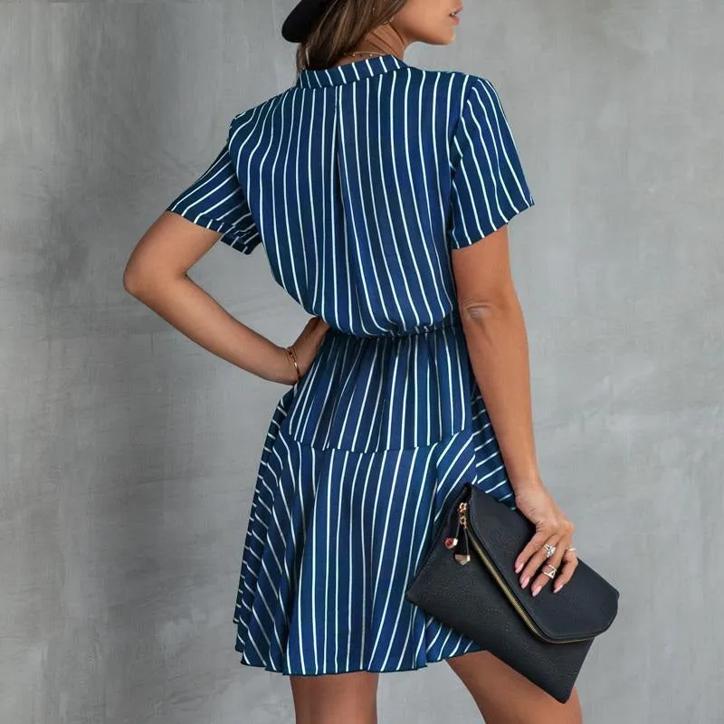 Plus Size Striped Casual Cotton Button High Waist A-Line Summer Dress