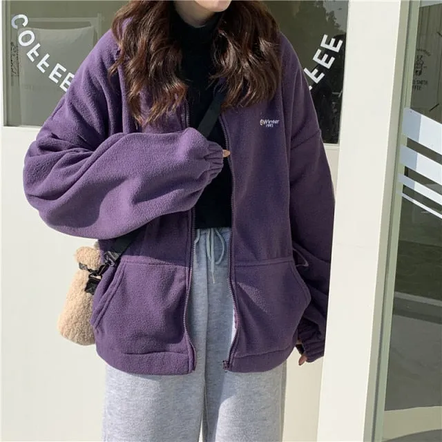 Purpdrank - Women Plus Fleece Hoodies Autumn Streetwear Zip-up Oversize Sweatshirt Jacket Trendy Solid Pocket Turn-down Collar Women Outwear