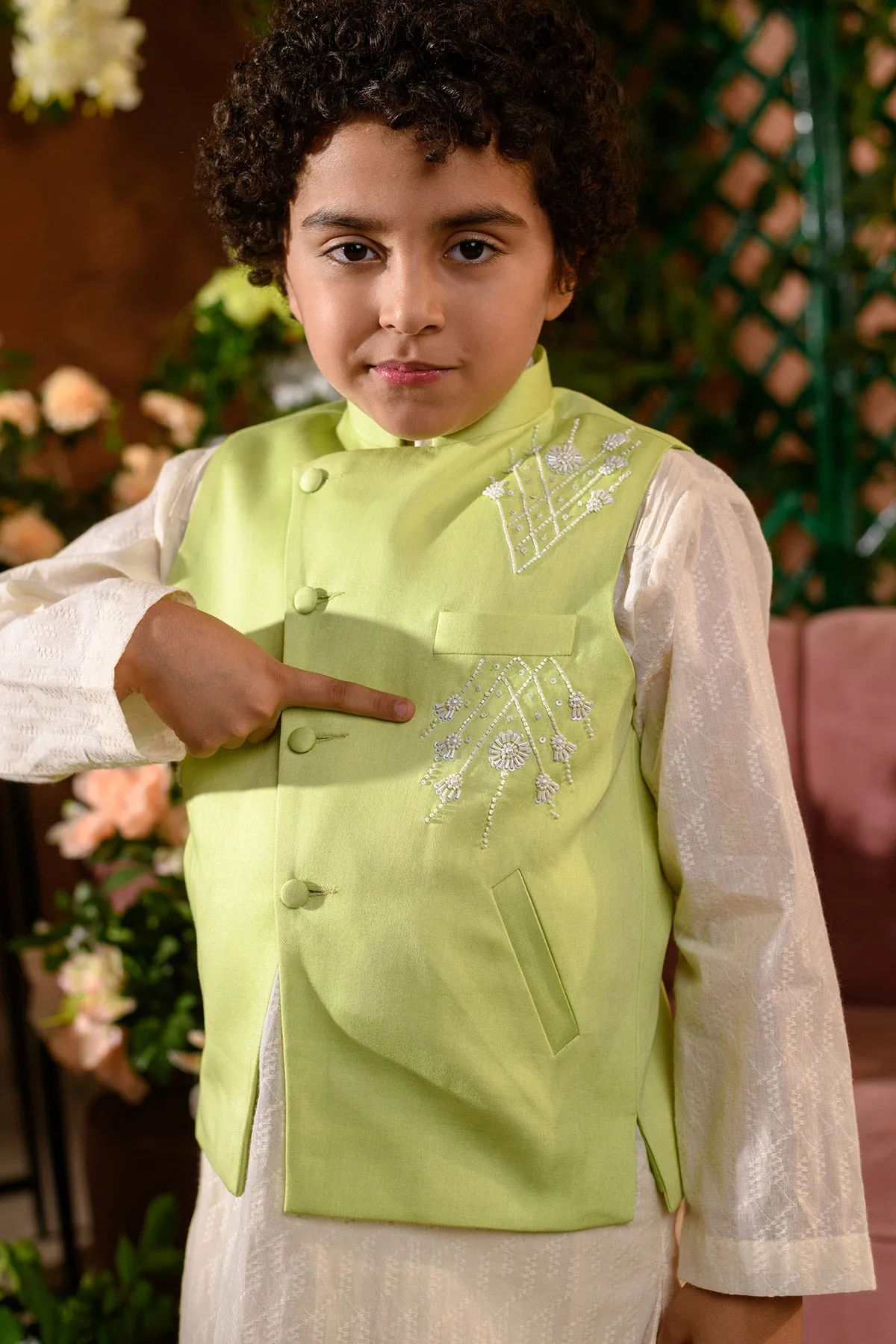 Sadaf - 

 Embroidered Vegan Silk 

Green Nehru Jacket