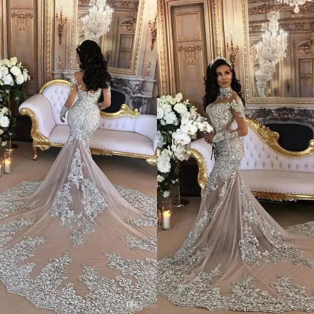 Silver Luxury Lace Long-Sleeve Mermaid High-Neck Wedding Dresses BH-362