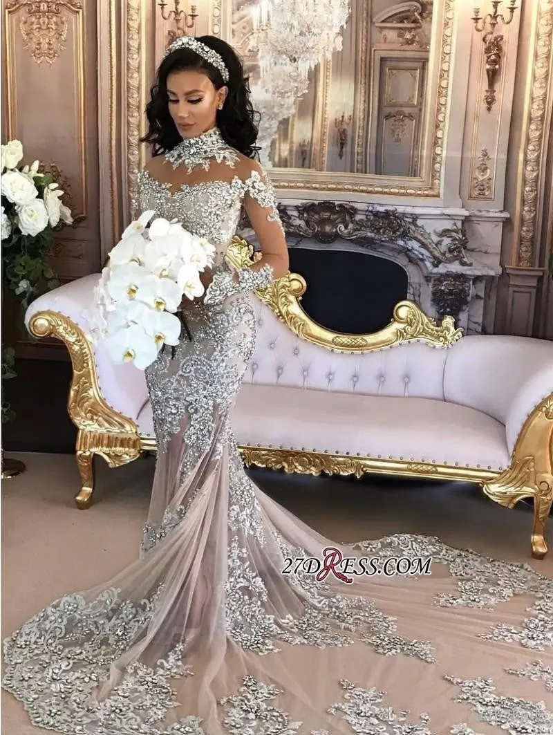 Silver Luxury Lace Long-Sleeve Mermaid High-Neck Wedding Dresses BH-362