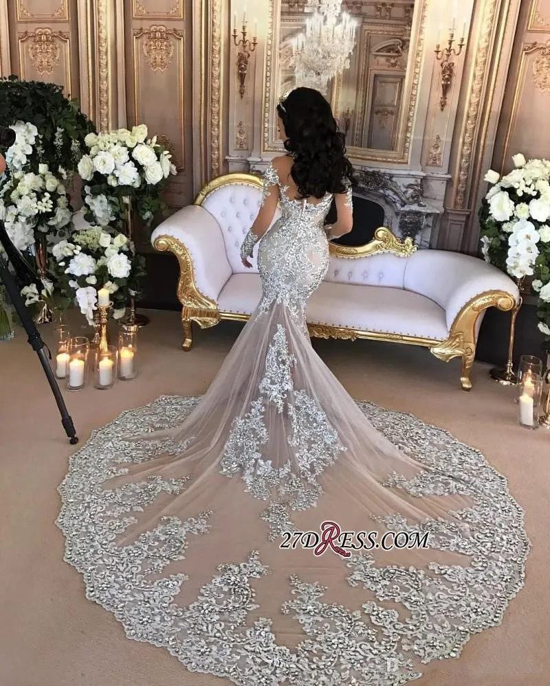 Silver Luxury Lace Long-Sleeve Mermaid High-Neck Wedding Dresses BH-362